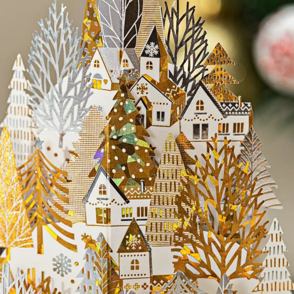 3D Christmas Greeting Card – Hot Stamped Laser Engraved Pop-Up Paper Card for Xmas, New Year, Thank You & Friends