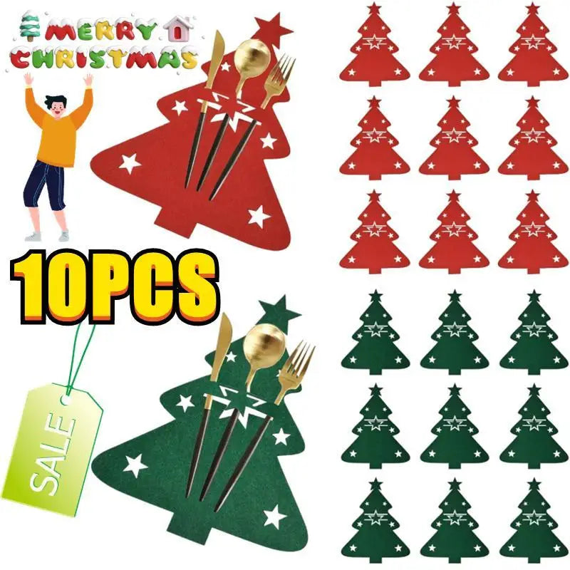 10/1PC Christmas Tree Cutlery Covers – Knife & Fork Pocket Holder Bags for Xmas Tableware, New Year Party Table Decor & Gifts