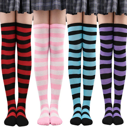 Thigh High Socks Women Over Knee Striped Polka Dot Stockings Black White Pink Lolita Cosplay Harajuku Y2K Kawaii