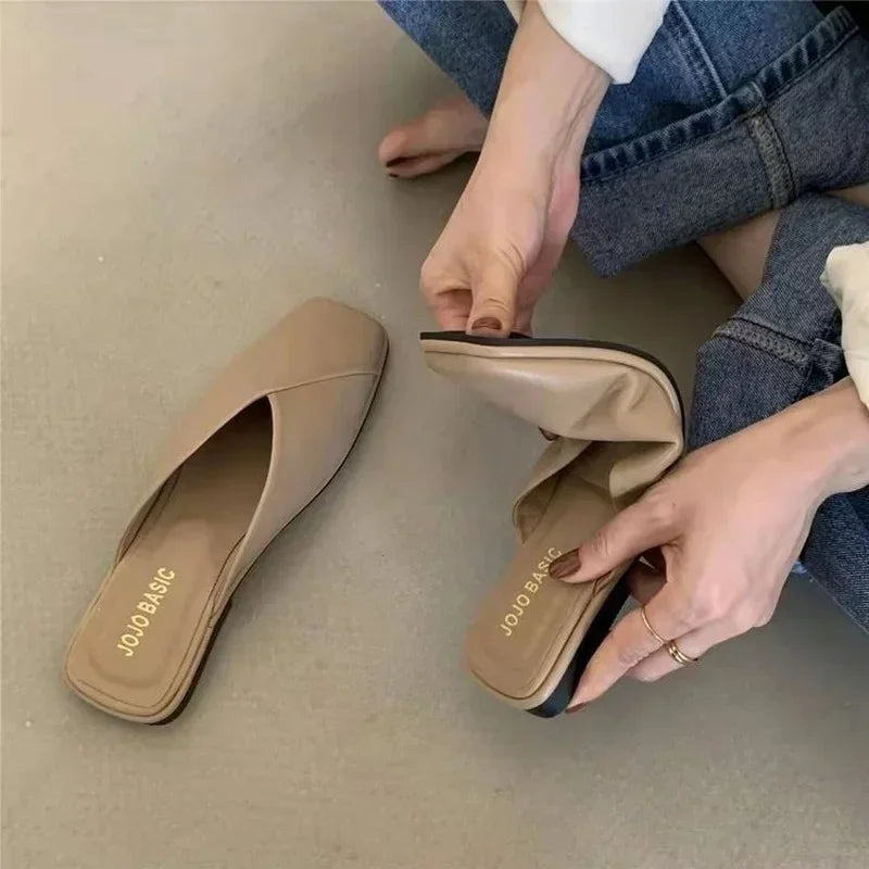 Women's Square Toe Flat Sandals Casual Slip-On Mules Outdoor Walking Slides