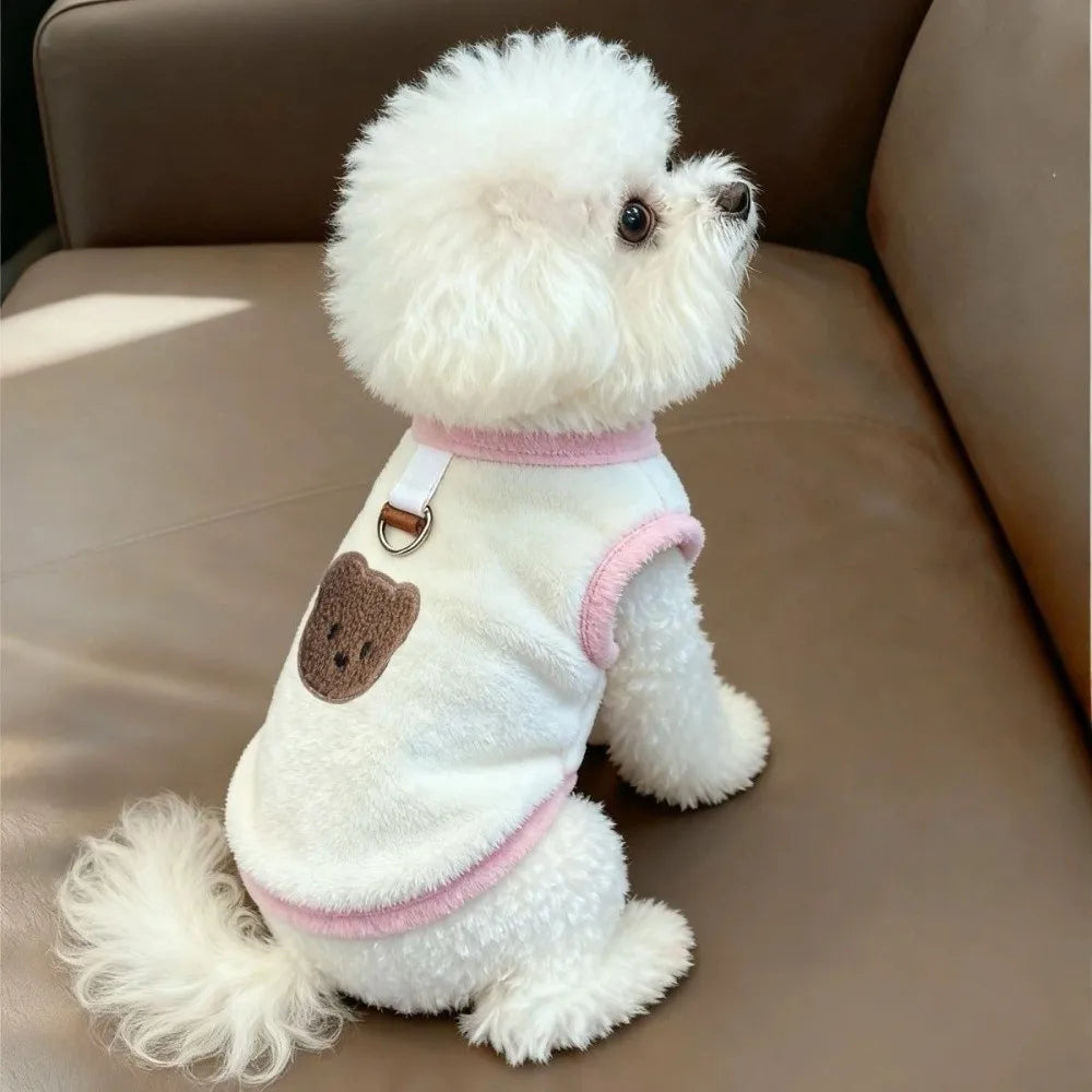 Soft Teddy Bear Dog Sweater – Warm Plush Pet Hoodie with Bear Pattern & Leash Hook, Cozy Cold Weather Clothing for Dogs & Cats
