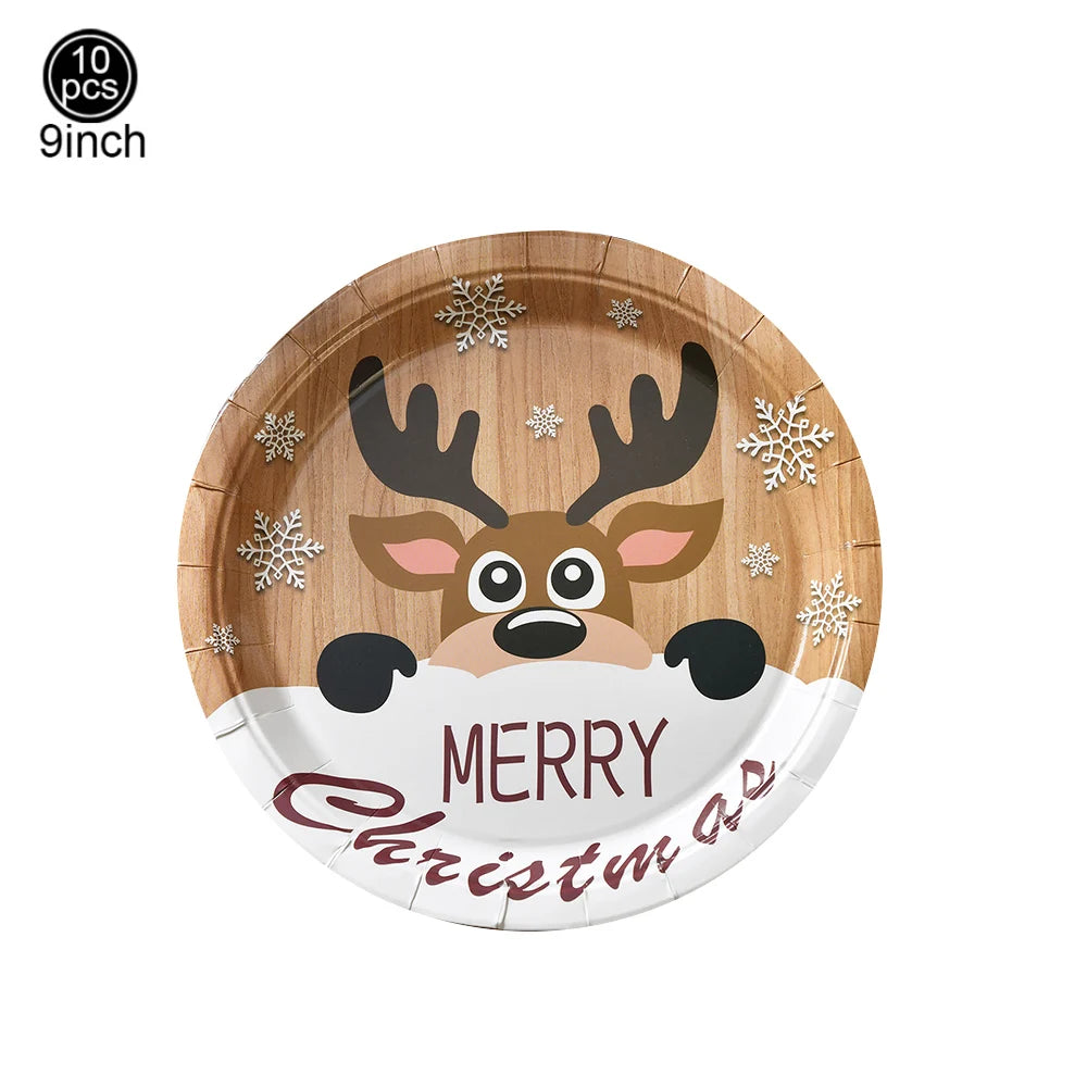 9-Inch Merry Christmas Paper Plates – Santa Claus, Christmas Tree & Elk Round Disposable Plates for Xmas Party & Table Decor
