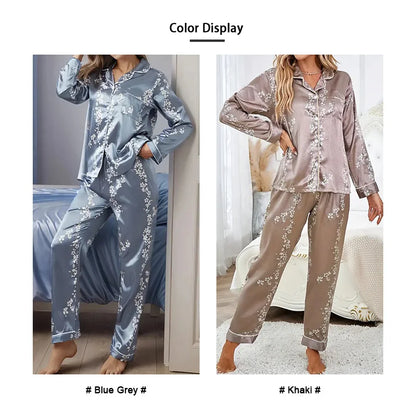 Women's Satin Pajama Set – 2-Piece Long Sleeve Button-Up Top & Pants, Soft Autumn Sleepwear & Loungewear
