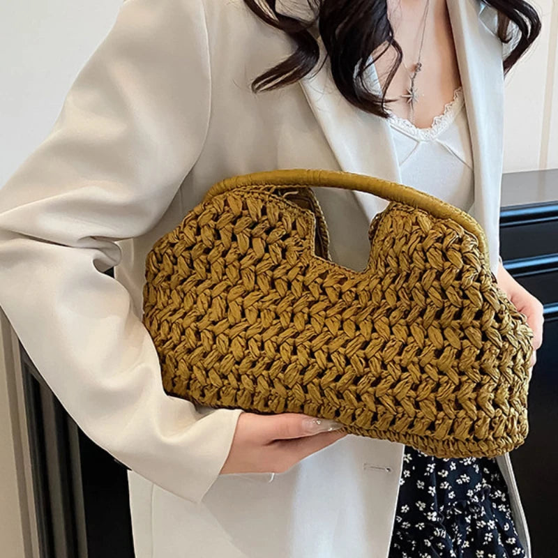 Bolso de playa de lujo de paja tejida para mujer - Bolso de mano de ratán de moda, Bolso de mano de verano para viajes, vacaciones, compras y salidas casuales, Bolso tejido a mano inspirado en el diseñador