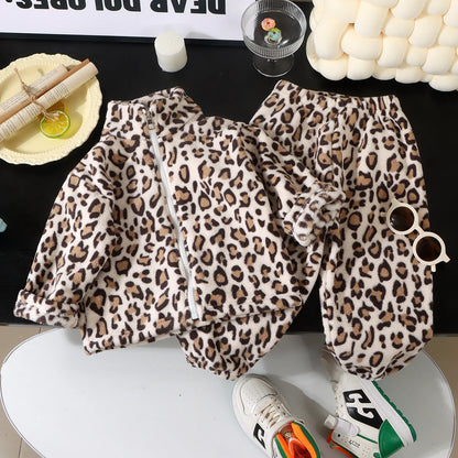 Kids Flannel Pajama Set 2-Piece, Thick Warm Winter Sleepwear for Boys and Girls, Floral and Leopard Print Zipper Top with Matching Pants