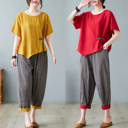 Women's Cotton Linen Two-Piece Set – Summer Wide-Leg Pants & Asymmetric Button Top Chinese-Style Casual Outfit