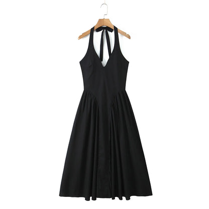 YENKYE Women’s Sexy Backless Green Halter Midi Dress Elegant Low Waist A-Line Cotton Summer Evening Party Robe