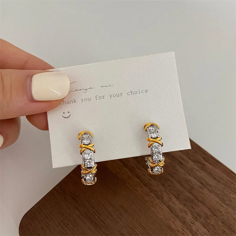 Vintage Double-C Cross Zircon Stud Earrings – Korean Fashion Crystal Earrings for Women | Elegant Engagement Jewelry Gift