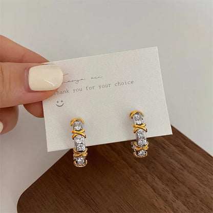 Vintage Double-C Cross Zircon Stud Earrings – Korean Fashion Crystal Earrings for Women | Elegant Engagement Jewelry Gift