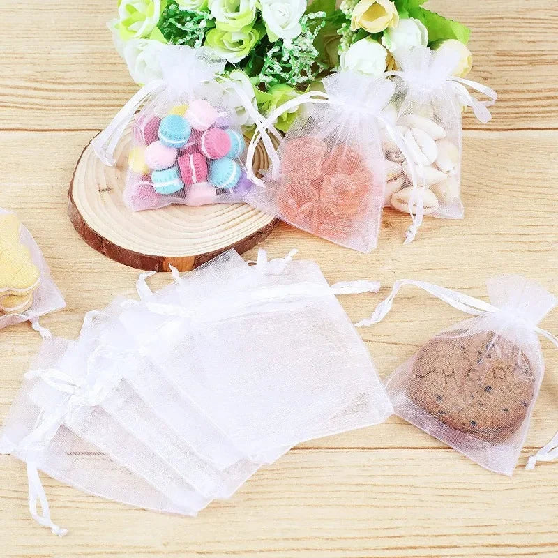 Bolsas de regalo de organza blanca de 20 a 100 unidades – Bolsas de joyería con cordón para recuerdos de boda, regalos de Navidad, empaques de dulces y accesorios para fiestas