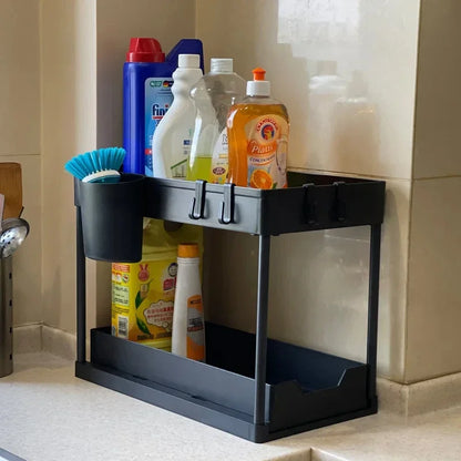 2-Tier Pull Out Under Sink Organizer – Slide-Out Cabinet Storage Rack with Hooks & Cups for Kitchen & Bathroom