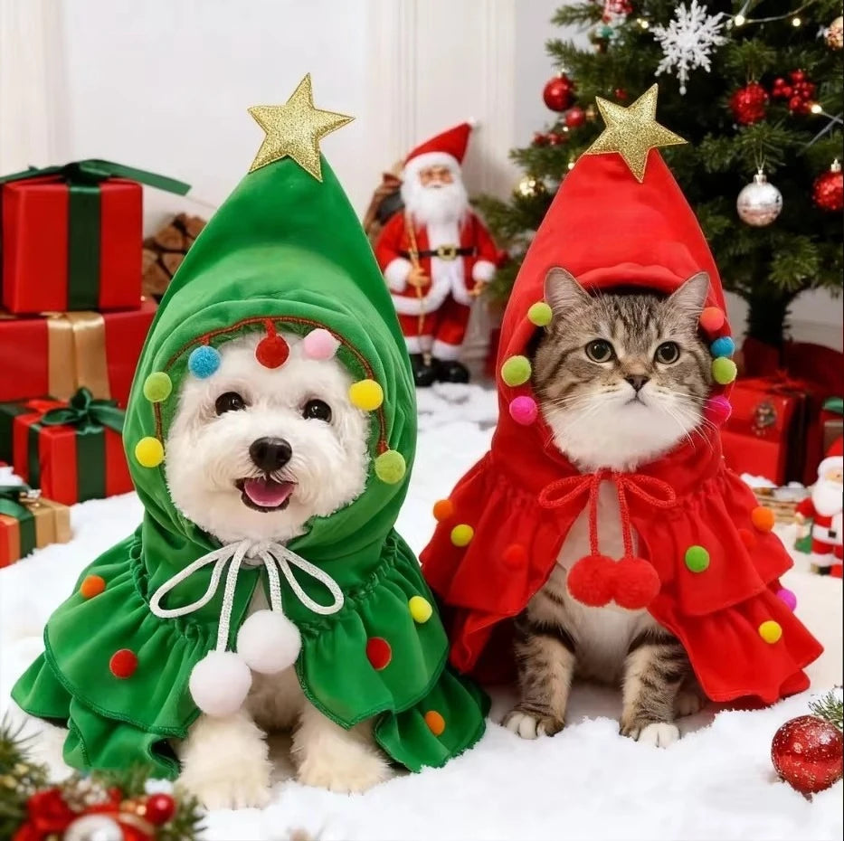 Christmas Tree Pet Cape – Cute Festive Shawl Costume for Small Cats & Dogs, Creative Holiday Pet Clothing Accessory