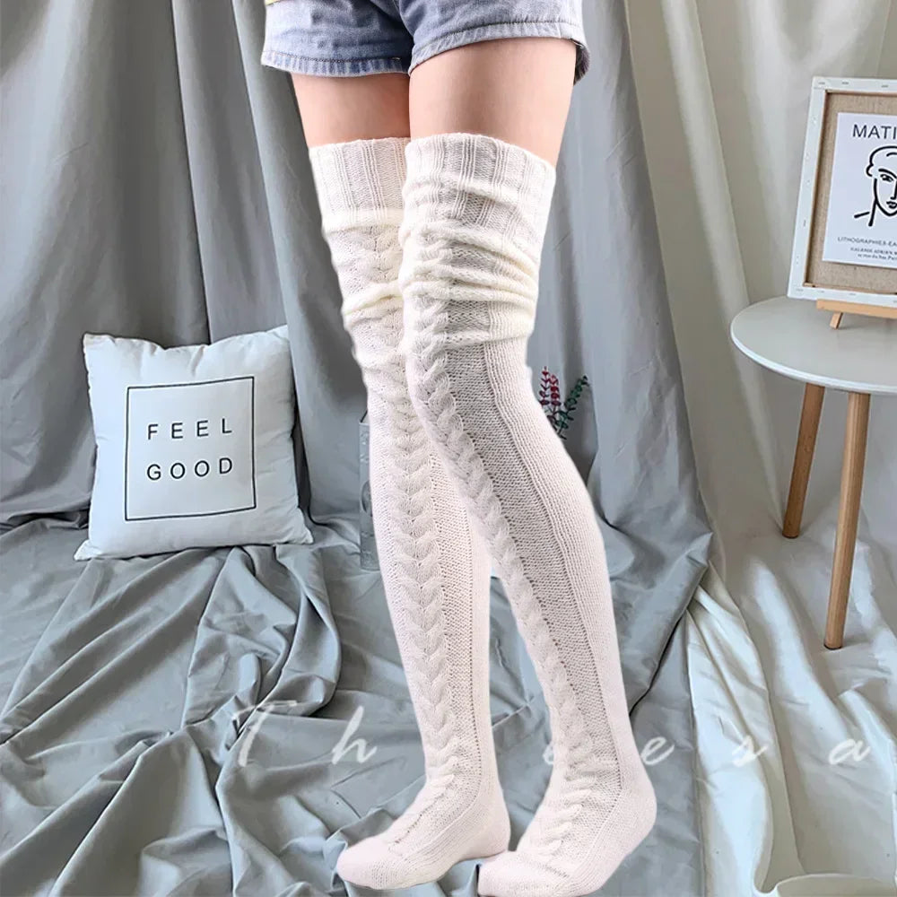 Women’s Winter Over-the-Knee Leg Warmers – Twist Knit Long Knee-High Stacked Socks, Warm Wool-Style Fashion Socks