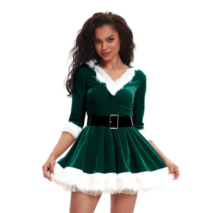 Women's Santa Claus Christmas Costume Dress with Half Sleeves and Waist Belt, Solid Color Xmas Cosplay Outfit, Ladies Holiday Fancy Dress for Christmas Parties, Festive Events and Role-Playing Celebrations