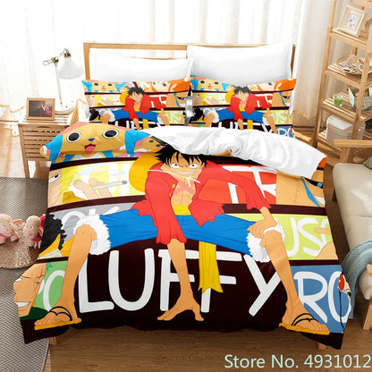 One Piece Luffy 3-Piece Bedding Set – 3D Cartoon Anime Duvet Cover & Pillowcase Set for Kids, Boys, Teens & Adults