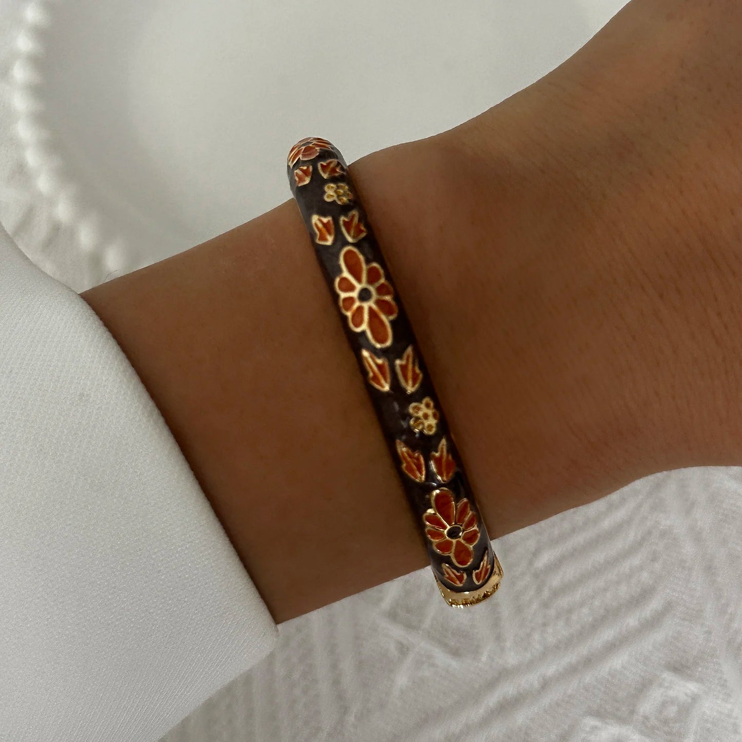 Elegante pulsera de esmalte de flores con circonitas – Pulsera retro chapada en oro con ojo turco floral para mujer | Joyería de moda para fiesta
