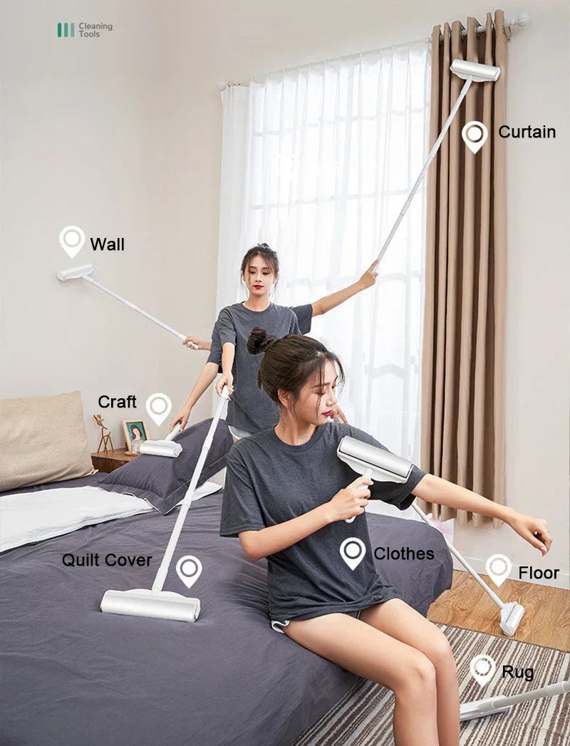 Long Handle Lint Roller – Retractable Pet Hair & Dust Remover for Clothes, Furniture, Bedding & Upholstery