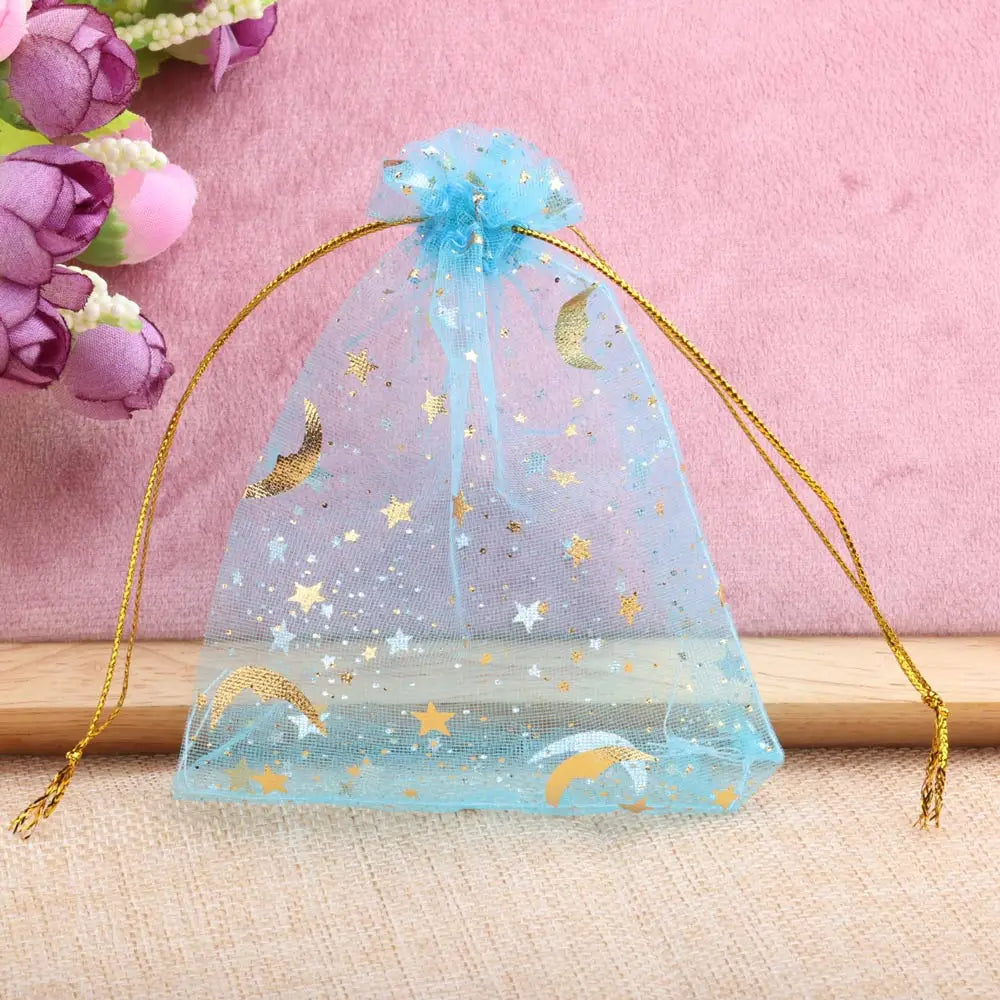 Bolsas de regalo de organza con estrellas y lunas de 25/50 piezas – Bolsitas de joyería con cordón dorado para recuerdos de boda, regalos de fiesta, empaques de dulces y almacenamiento de accesorios pequeños