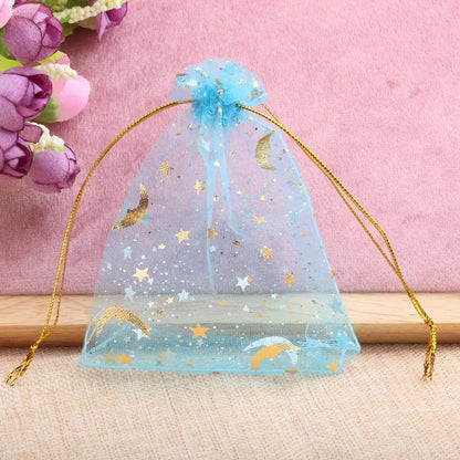 Bolsas de regalo de organza con estrellas y lunas de 25/50 piezas – Bolsitas de joyería con cordón dorado para recuerdos de boda, regalos de fiesta, empaques de dulces y almacenamiento de accesorios pequeños
