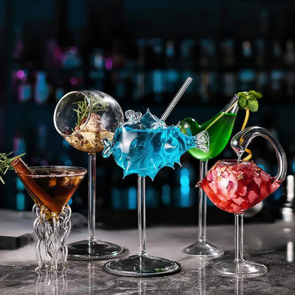 Creative Fish-Shaped Cocktail Glass – Unique Thorn, Octopus & Bird Design Goblet for Bar, KTV, Nightclub & Party Drinks