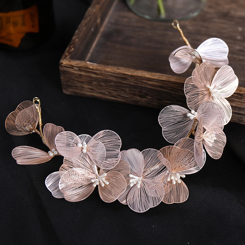 Vintage Gold Floral Bridal Headband with Pearls – Fairy Wedding Tiara for Brides, Prom & Special Occasions
