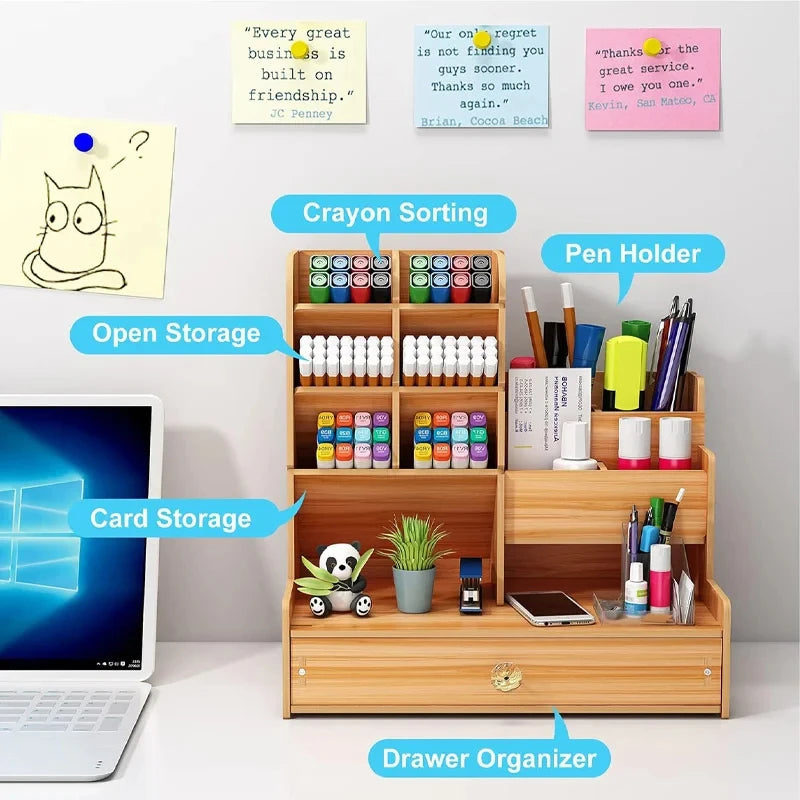 Organizador de escritorio de madera – Caja de almacenamiento de bricolaje para escritorio con cajón, portalápices de gran capacidad para organización de papelería de oficina, escuela y hogar