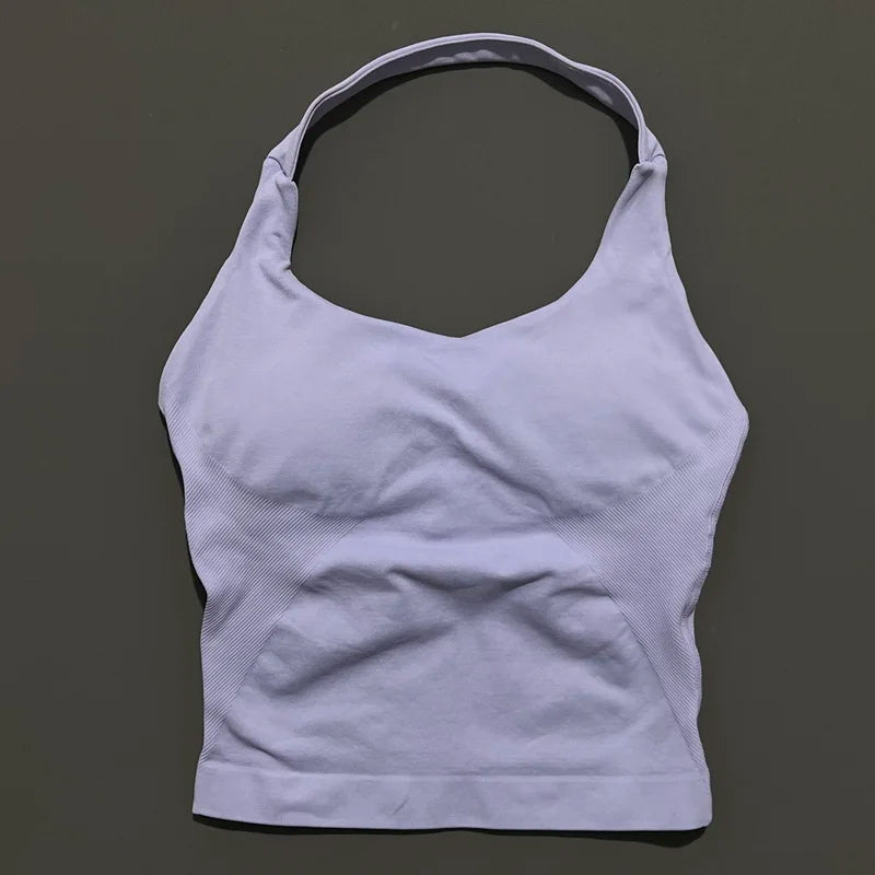 HISTELLO Women’s Seamless Longline Halter Sports Top – Built-in Bra with Removable Cups Yoga & Gym Tank Activewear