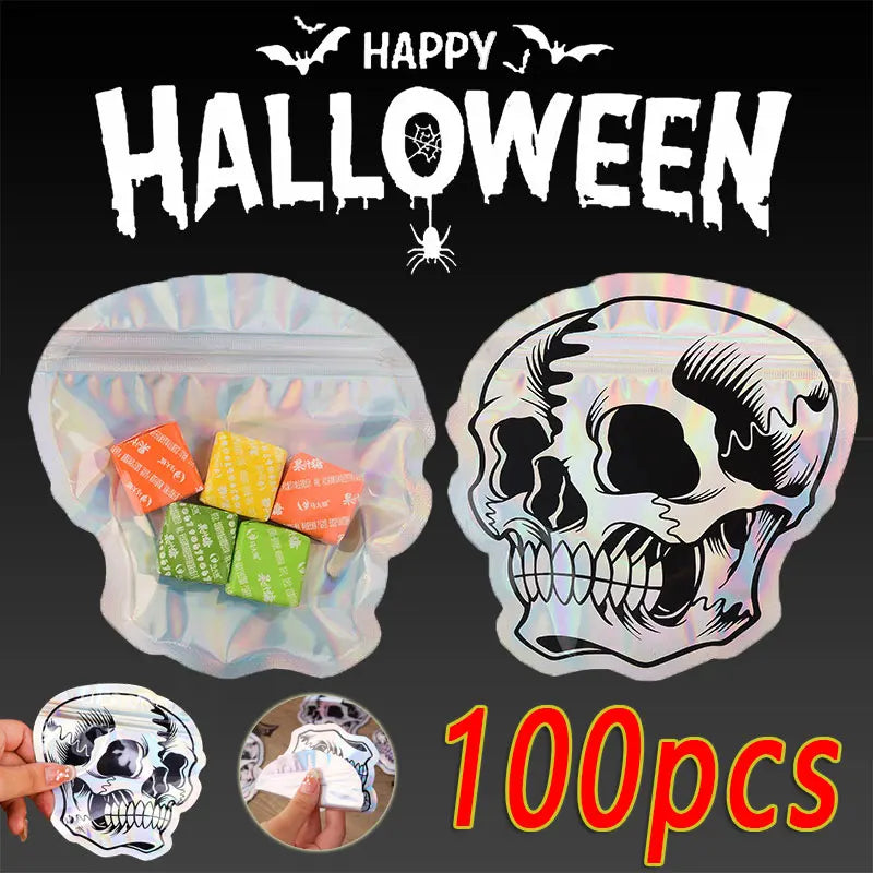 10-100PCS Halloween Skull Treat Bags, Laser Printed Self Sealing Gift Packaging Pouches, Reusable Candy Bags for Cookies, Jewelry, Halloween Party Favors and Trick or Treat Gifts