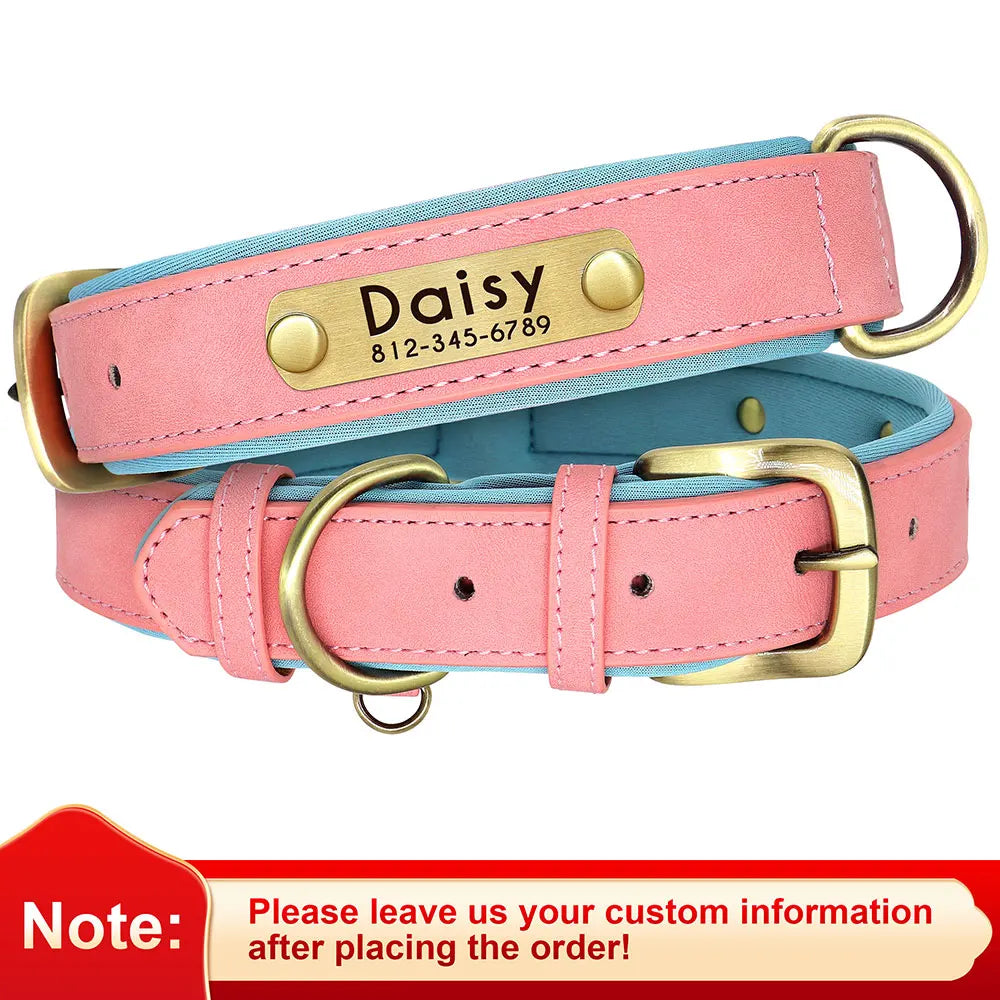 Collar de perro de piel sintética personalizado con placa de identificación grabada gratuita – Collar ajustable suave acolchado para perros pequeños, medianos y grandes