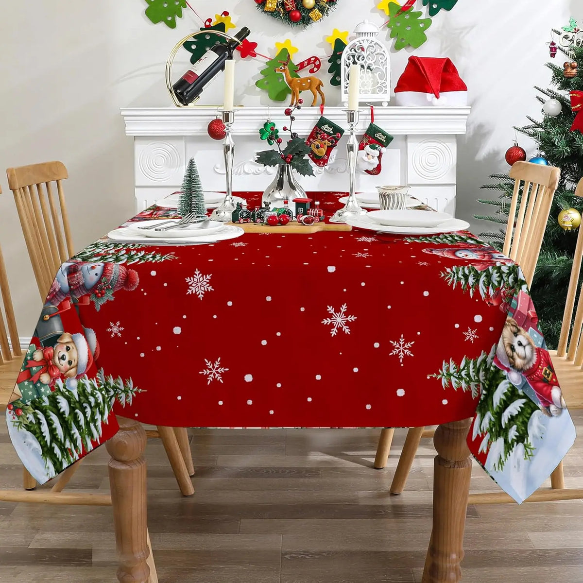 Christmas Snowman Truck Tablecloth – Xmas Tree & Winter Snowflake Dining Table Cover for Kitchen, Home & Holiday Decor
