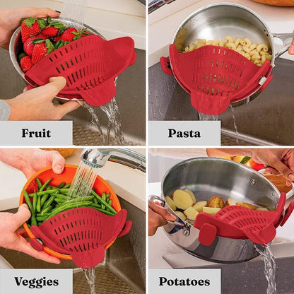 Universal Silicone Clip-On Pot Strainer – Food-Grade Anti-Spill Pasta Colander with Secure Pan Attachment, Reusable Fruit & Vegetable Drainer