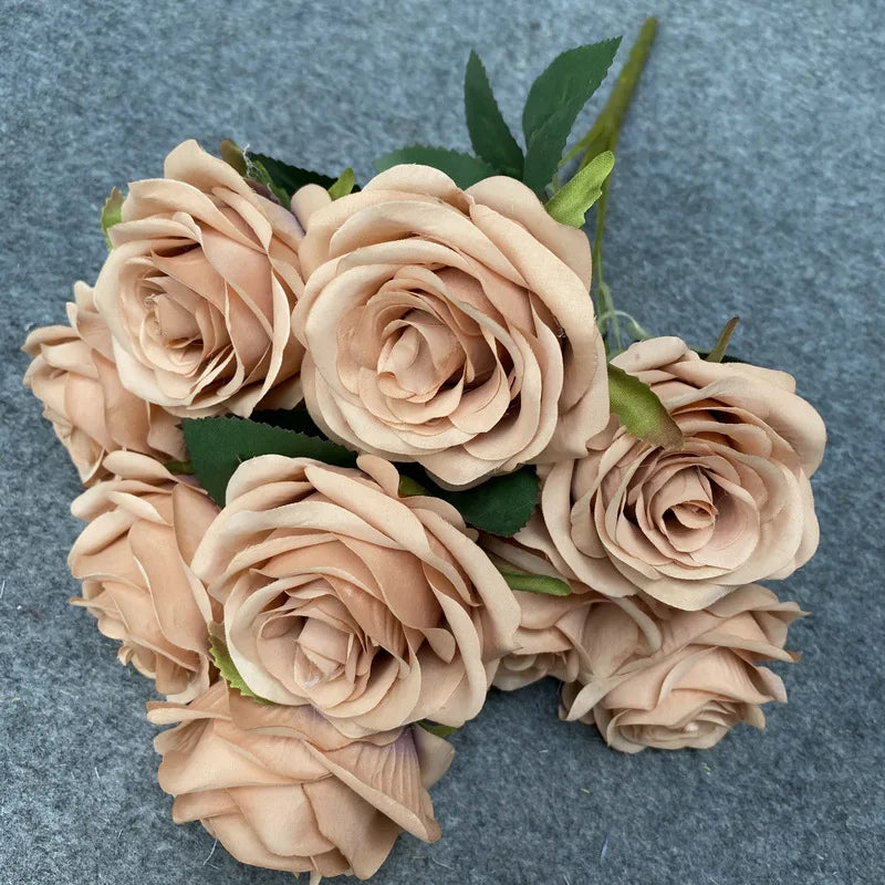 9 Heads Artificial Camellia Rose Bouquet – Realistic Faux Flowers for Wedding Decor, Party Displays, Home Decoration & Floral Gifts