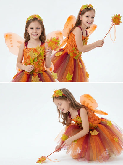 Autumn Forest Fairy Costume Dress for Girls – Woodland Maple Leaf Tutu Princess Dress for Halloween, Thanksgiving & Dress-Up