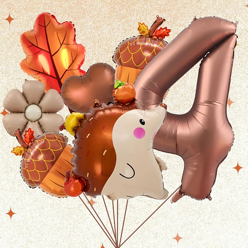 7PCS Autumn Pinecone & Hedgehog Balloon Set – 40-Inch Number Balloons 1–9 for Birthday, Thanksgiving Party Decor & Photo Props
