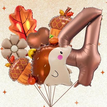 7PCS Autumn Pinecone & Hedgehog Balloon Set – 40-Inch Number Balloons 1–9 for Birthday, Thanksgiving Party Decor & Photo Props