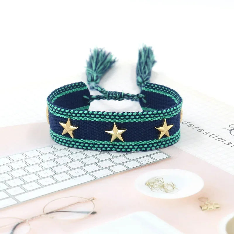 Bohemian Star Tassel Bracelet – Handmade Woven Alloy Gold Rivet Wrist Strap for Women | Ethnic Fashion Jewelry Gift