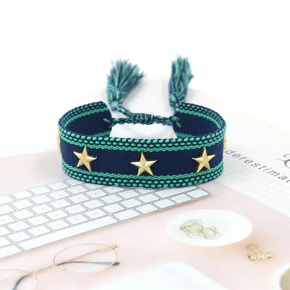 Bohemian Star Tassel Bracelet – Handmade Woven Alloy Gold Rivet Wrist Strap for Women | Ethnic Fashion Jewelry Gift