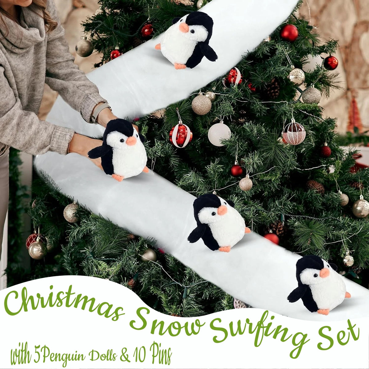 Christmas Staircase Decoration Set – Faux Snow Cotton Carpet with Sliding Penguins, DIY Holiday Decor for Stairs, Banisters & Indoor Christmas Displays