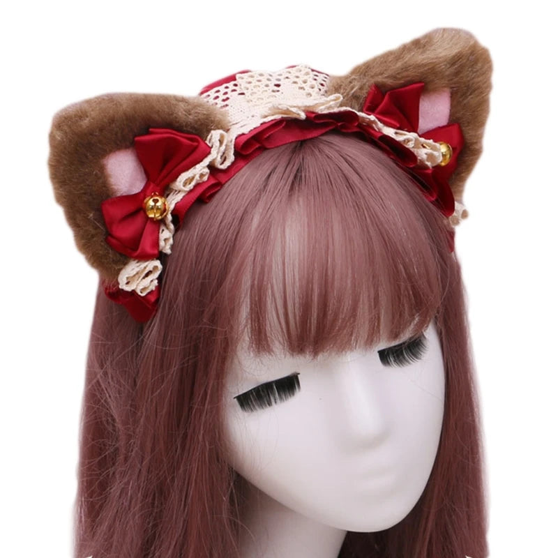 Cute Anime Lolita Cat Ear Headband, Plush Animal Ears with Ruffled Lace, Ribbon Bow and Bell, Kawaii Cosplay Hair Hoop for Masquerade, Costume Parties, and Daily Wear