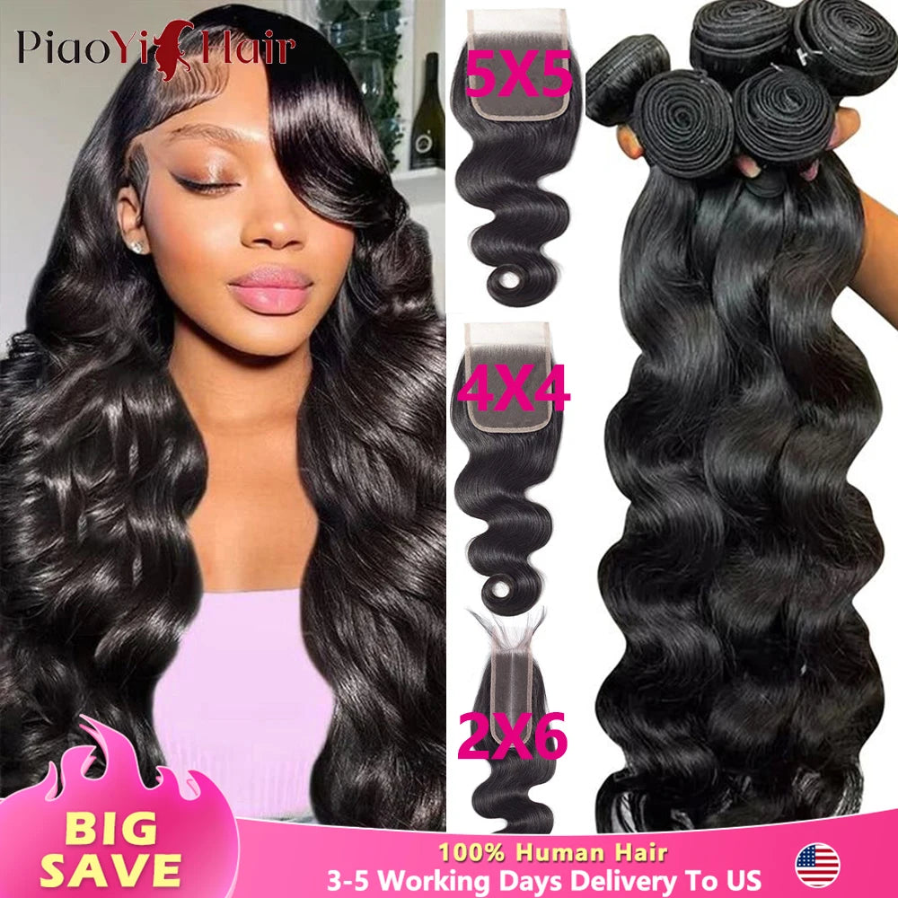 Body Wave Human Hair Bundles with 4x4/5x5 Lace Closure – 100% Raw Human Hair Weave Extensions | 2x6 Middle Part Lace Wig Set