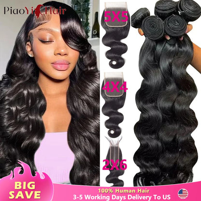 Body Wave Human Hair Bundles with 4x4/5x5 Lace Closure – 100% Raw Human Hair Weave Extensions | 2x6 Middle Part Lace Wig Set
