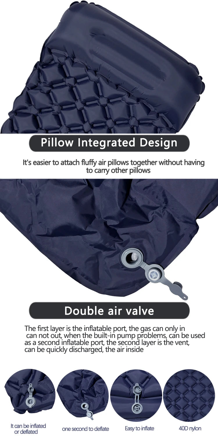 Matelas de camping gonflable d'extérieur – Tapis de couchage gonflable ultraléger avec pompe et oreiller intégrés pour la randonnée, le camping, les voyages et les aventures en plein air