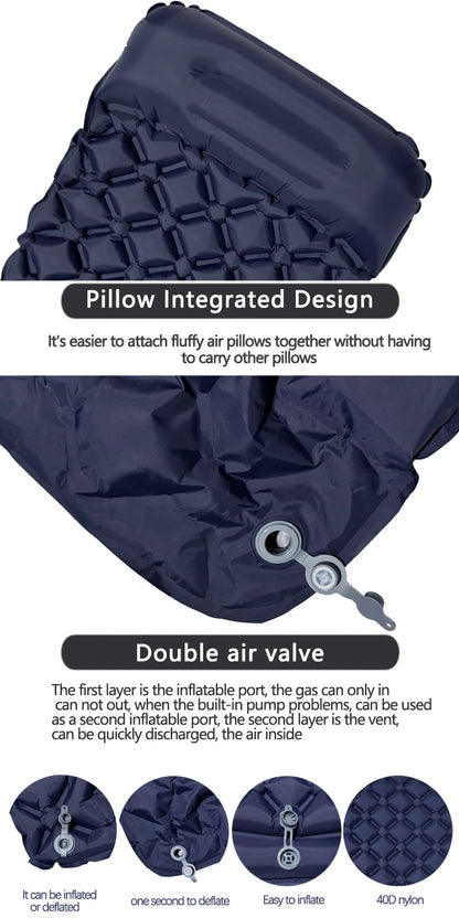 Matelas de camping gonflable d'extérieur – Tapis de couchage gonflable ultraléger avec pompe et oreiller intégrés pour la randonnée, le camping, les voyages et les aventures en plein air