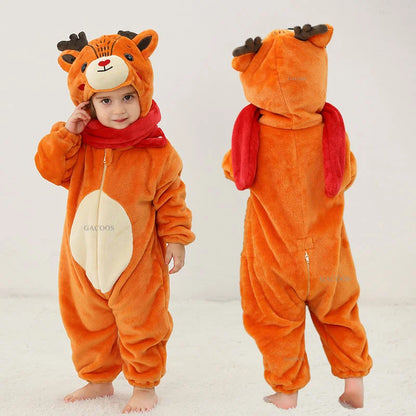 Halloween Dinosaur Baby Romper – Warm Fleece Hooded Kigurumi Pajamas & Animal Jumpsuit for Baby Boys & Girls, Cozy Winter Costume 0-4T