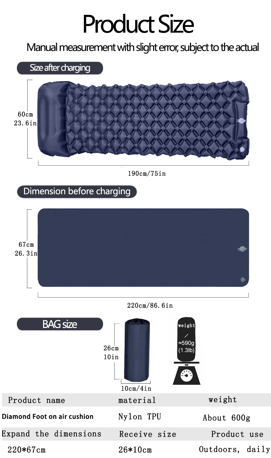 Matelas de camping gonflable d'extérieur – Tapis de couchage gonflable ultraléger avec pompe et oreiller intégrés pour la randonnée, le camping, les voyages et les aventures en plein air