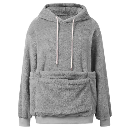 Women's Fall & Winter Fleece Hoodie – Casual Solid-Color Pullover Sweatshirt with Pet Pocket, Drawstring Hood & Cozy Loose Fit