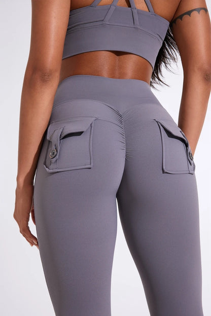 DIAS FIT JOY Pantalon de yoga évasé taille haute pour femme – Legging patte d'éléphant push-up avec poches, pantalon d'entraînement à séchage rapide pour la course, la gym, le fitness et l'exercice