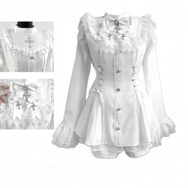 Vestido japonés Sweet Lolita Kawaii para mujer 2025, estampado de primavera, lazo, vestido falso de dos piezas, estilo coreano, ropa de fiesta