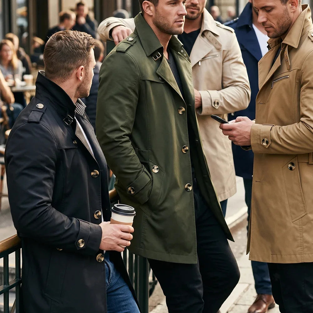 Men’s Mid-Length Trench Coat – Slim-Fit Business Casual Overcoat with Lapel Collar & Metal Buttons, Stylish Windbreaker for Commuting