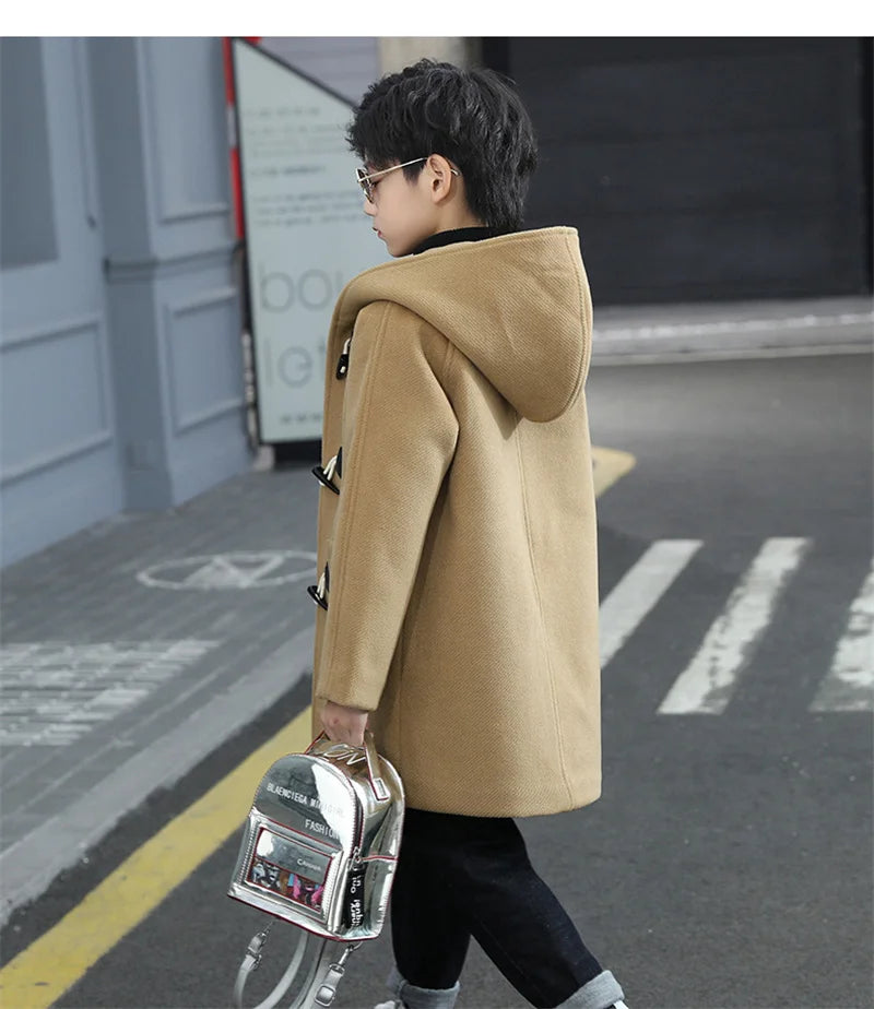 Boys Winter Wool Coat with Hood, Warm Cotton-Padded Single-Breasted Jacket, Solid Color Children’s Fashion Parka and Cold Weather Outerwear